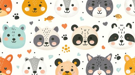 A playful and colorful seamless pattern featuring the faces of various cute animals, including a panda, raccoon, bear, and fox, on a white background.
