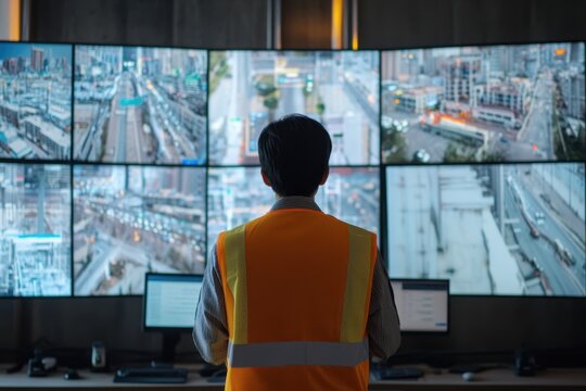 Monitoring urban traffic from a control center with multiple screens at night - Powered by Adobe