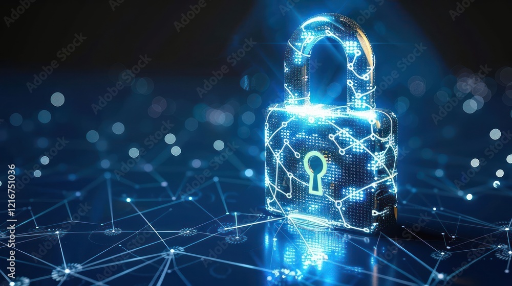 Poster digital padlock symbolizing cybersecurity with glowing network connections in background