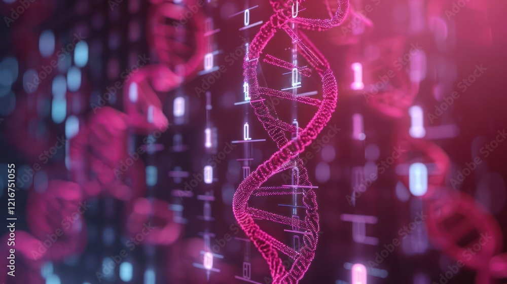 Poster abstract visualization of dna strands with glowing elements in a digital space, representing science