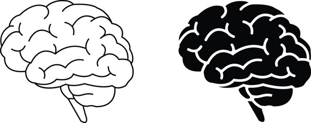 Human Brain line and flat icon set. Think illustration sign collection. Human body related internal organ symbol on isolated background. Creative thinking symbol. Thoughts logo. Human anatomy.