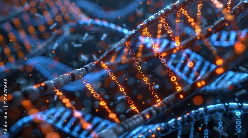 Poster abstract representation of dna strands with glowing data elements in a dark background