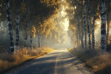 Obraz premium A scenic countryside road lined with tall trees on both sides, with golden sunlight streaming through the branches