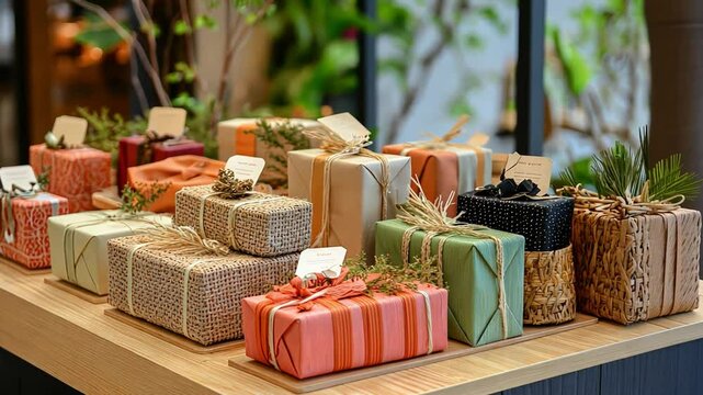 Party gifts neatly arranged on a display table, with creative wrapping ideas using natural materials and tags.
