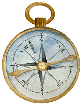 Watercolor golden compass. Travel set
