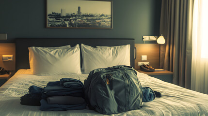 packed travel bag placed on a hotel bed with clothing and essentials 
