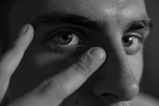 Eyes looking up, moisture drops and reflections on skin.