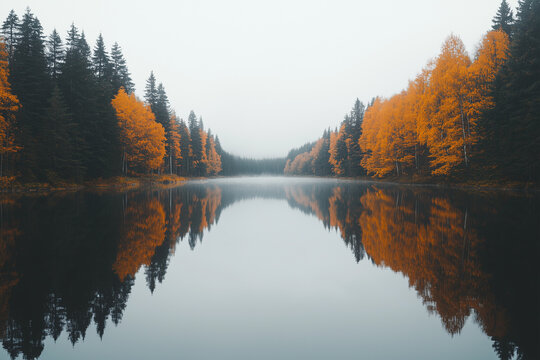 A calm lake surrounded by autumn trees with orange and yellow leaves, reflecting perfectly on the water
