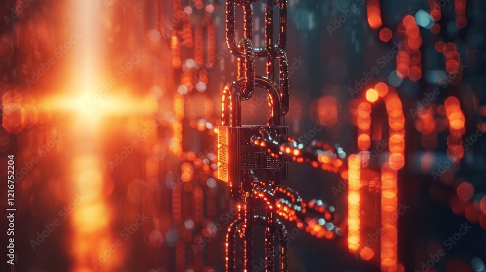 Poster close-up view of a glowing padlock on a chain, symbolizing security and protection in a digital worl