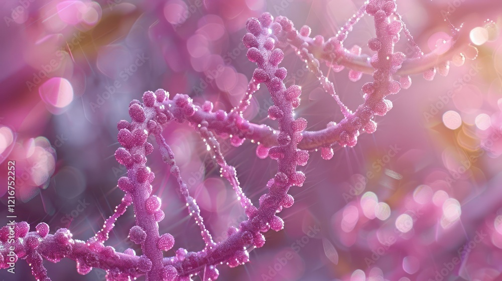 Poster close-up of a vibrant pink dna double helix structure with a dreamy bokeh background