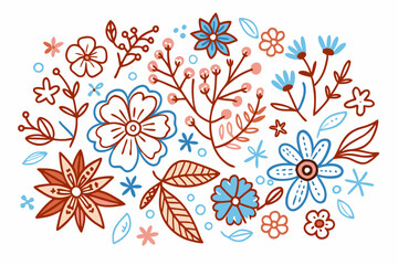 Botanical line background with flowers and leaves. Floral foliage pattern