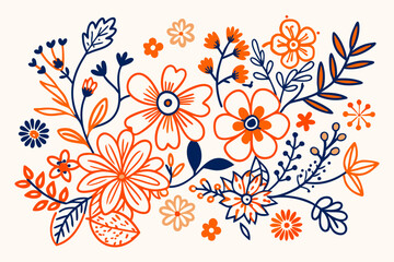 Botanical line background with flowers and leaves. Floral foliage pattern