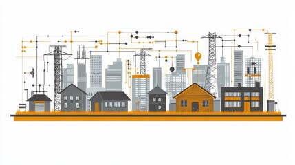Stylized cityscape illustration featuring residential and commercial buildings, construction elements, and infrastructure
