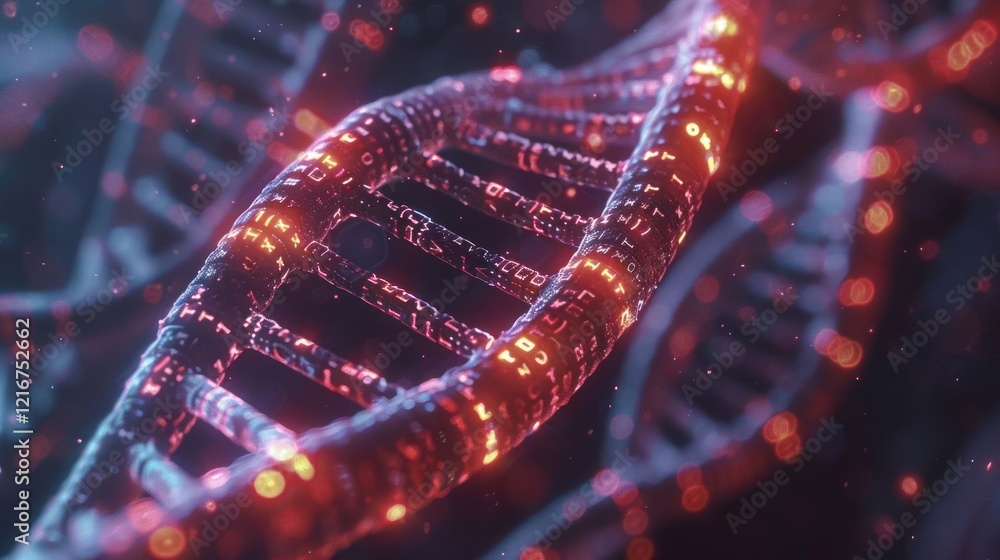 Poster abstract representation of dna strands illuminated with vibrant colors in a digital environment
