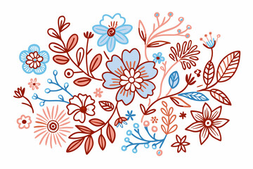 Botanical line background with flowers and leaves. Floral foliage pattern