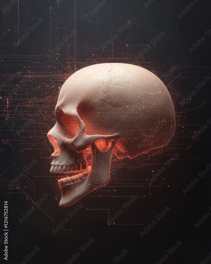 Poster a stylized skull illuminated with glowing lines, set against a dark background, combining elements o