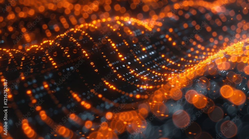 Poster abstract visualization of glowing orange and blue waves creating a dynamic digital landscape