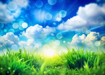 Obraz premium Abstract Green Nature Bokeh Wallpaper: Blurred Sky, Clouds, Lush Foliage Background