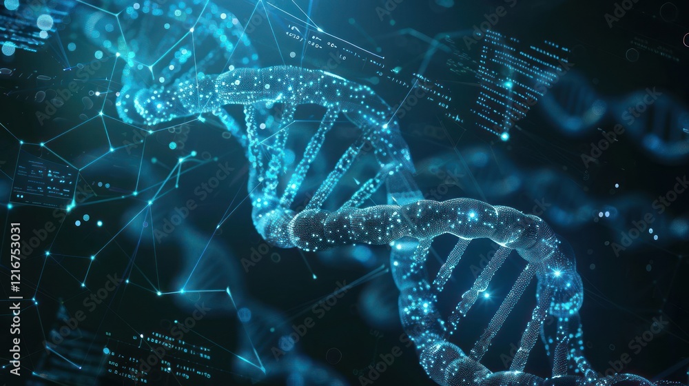 Poster futuristic representation of dna helix with glowing particles and data visualization background