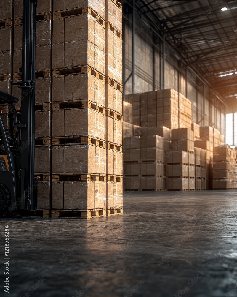 Poster a spacious warehouse filled with stacked wooden crates, illuminated by natural light filtering throu