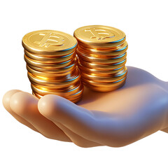 Support hand with gold coin stack 3d cartoon style illustration
