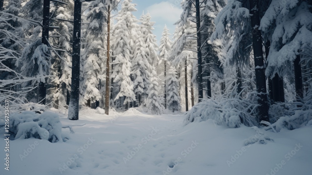 Poster a snowy forest with trees covered in snow. the snow is deep and the trees are bare