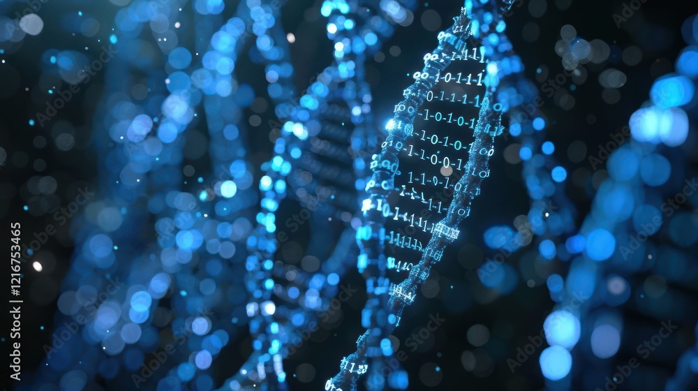 Poster close-up view of a digital representation of dna strands illuminated by blue light particles