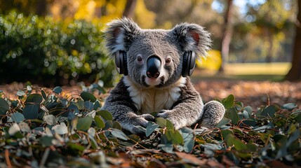 Obraz premium Koala listening music headphones park autumn leaves