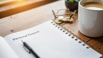 Cozy personal finance workspace with journal and coffee, financial planning