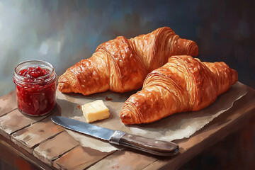 A flat lay of freshly baked croissants on a rustic wooden table, with a small jar of strawberry jam and a butter knife beside it