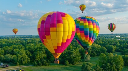 Fototapeta premium Colorful Hot Air Balloons Flying Over Green Landscape on a Clear Day with Blue Sky and Fluffy Clouds