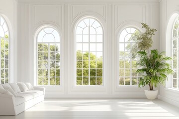 Sunlit room with large arched windows and lush indoor greenery