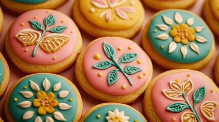 Colorful decorative cookies with intricate floral designs, arranged in a pleasing pattern on a pastel surface.