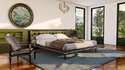 Large luxury modern bright bed room interiors 3D rendering illustration image