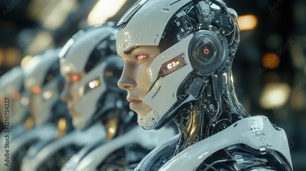 Poster a robot with a helmet and a white body stands in a room with other robots