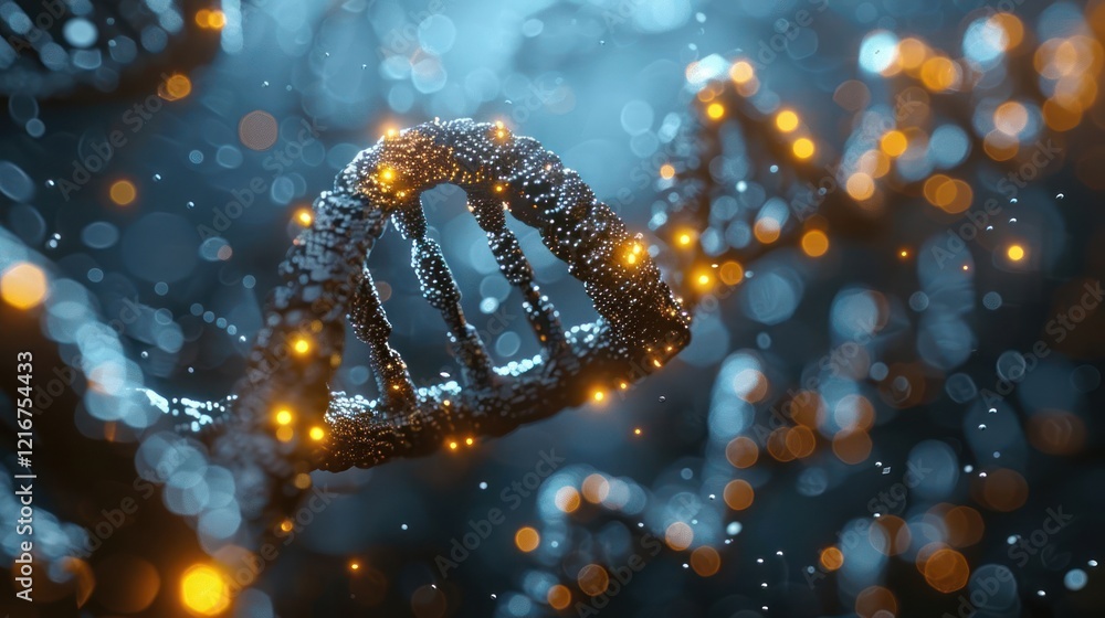 Poster close-up view of a dna double helix illuminated with glowing particles in a dark environment