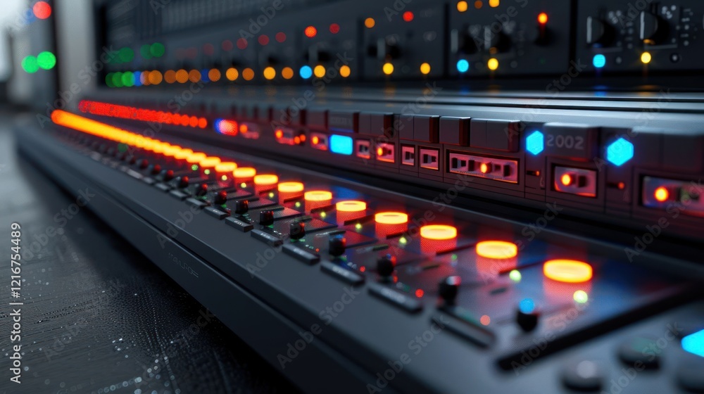 Fototapete close-up view of a professional audio mixing console with illuminated buttons and sliders in use