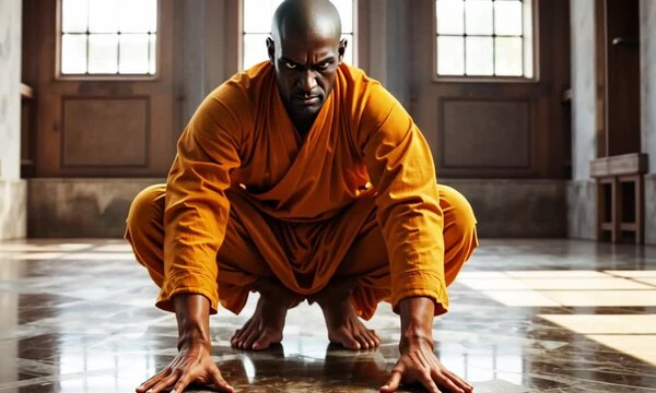 a kung fu master wearing a yellow shirt in the training room