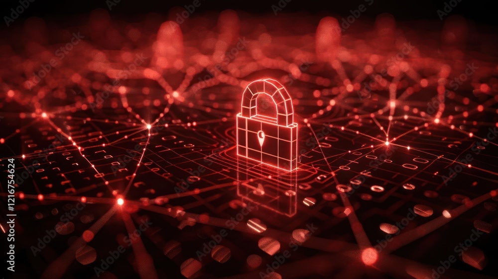 Poster abstract representation of digital security with glowing padlocks amidst a network of connections