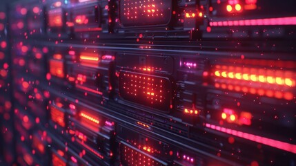Obraz premium Close-up view of illuminated server racks showcasing vibrant lights and data processing environment