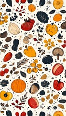 Fototapeta premium Autumn Harvest Pattern A Whimsical Illustration of Seasonal Fruits, Vegetables, and Nature