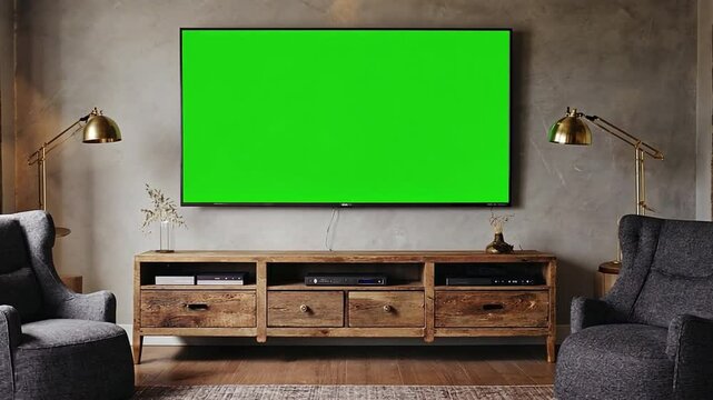 Chroma key compositing. TV with mockup green screen in room,Modern plasma TV on wooden table