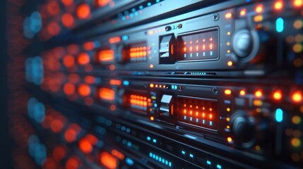 Close-up view of illuminated server racks showcasing data processing technology in action (2)