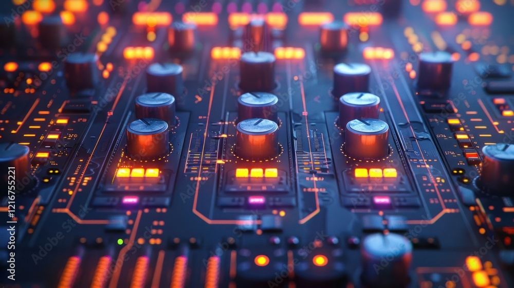 Poster close-up view of a vibrant audio mixer with illuminated controls and knobs, creating music