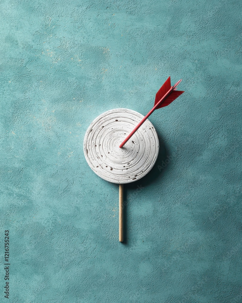 Poster a minimalistic image featuring a dartboard with a red arrow striking the center, set against a textu