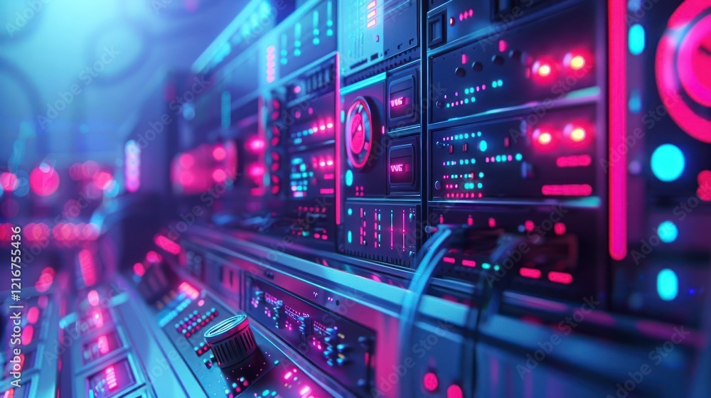 Poster futuristic server room with glowing lights and complex technology, showcasing data processing