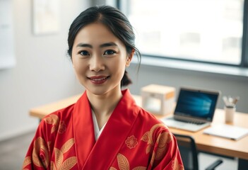 Asian woman in traditional Japanese kimono, modern office setting