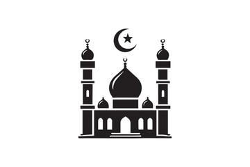 simple and subtle vector silhouette of mosque in black and white, set against a white background. 