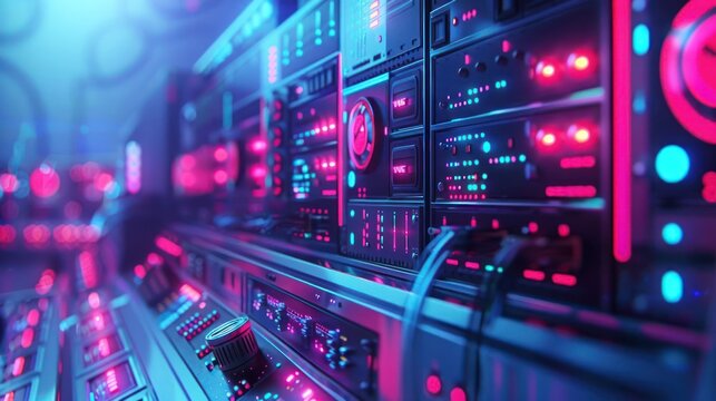 Futuristic server room with glowing lights and complex technology, showcasing data processing
