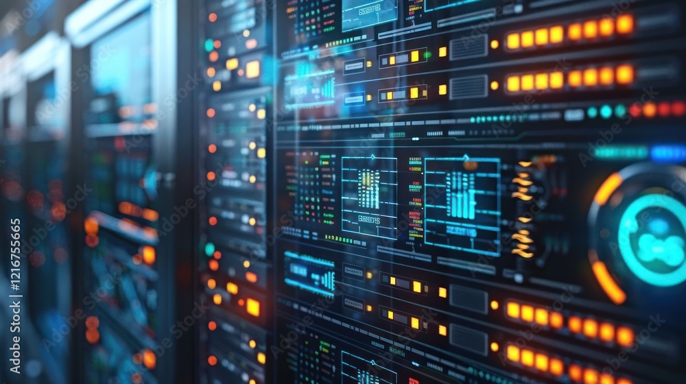 Poster close-up view of a high-tech server room showcasing illuminated data panels and circuitry